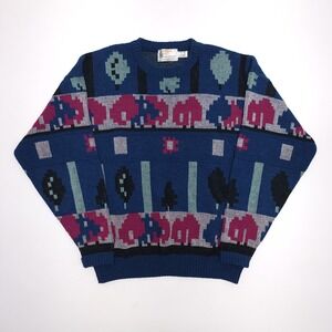 London Fog Sweater Mens Large Abstract‎ Wool Blend Vintage 80s USA